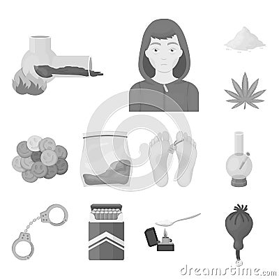 Drug addiction and attributes monochrome icons in set collection for design. Addict and Drug vector symbol stock web Vector Illustration