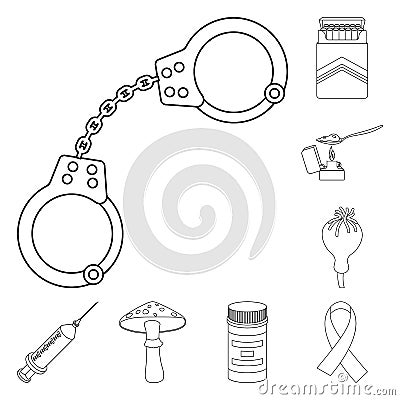 Drug addiction and attributes outline icons in set collection for design. Addict and Drug vector symbol stock web Vector Illustration