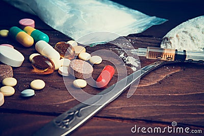 Drug concept. Use illicit Drug abuse .Addiction heroin.Injection Stock Photo