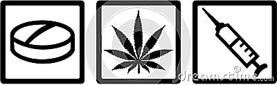 Drug dealer icons with Pill, marijuana and injection. Vector Illustration