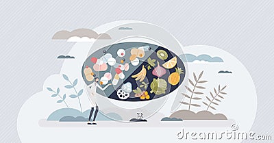 Drug interactions as pills and food medical side effects tiny person concept Vector Illustration