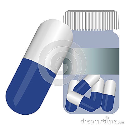 Drug, medical medication. Things for human health. The icon of the bottle with colored capsules Vector Illustration