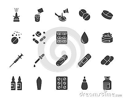 Drug, Pharmacy Medical Silhouette Flat Icons. Vector Glyph Illustration Included Icon as Effervescent Pills, Cough Syrup Vector Illustration