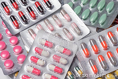 Drug pill and capsule in blister packaging Stock Photo