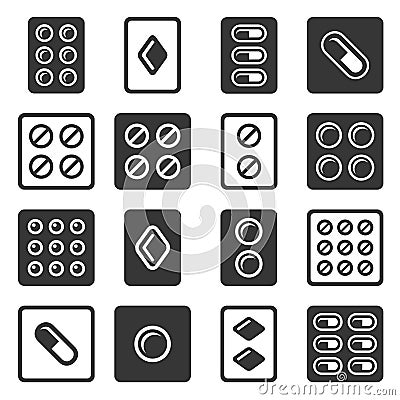 Drug Pills in Blister Icons Set. Vector Vector Illustration