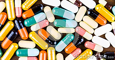 Drug prescription for treatment medication. Pharmaceutical medicament, cure in container for health. Pharmacy theme, capsule pills Stock Photo