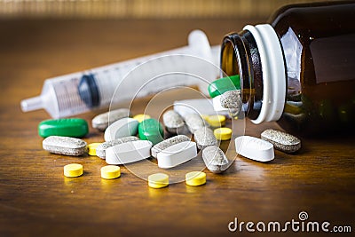 Drug prescription for treatment medication, Pharmaceutical medicament, cure in container for health. Stock Photo