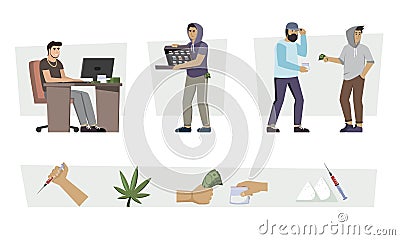 drug sales. bandit selling marijuana and medicine pills. Vector cartoon people Vector Illustration