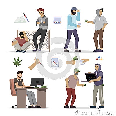 drug sales. bandit selling marijuana and medicine pills. Vector cartoon people Stock Photo