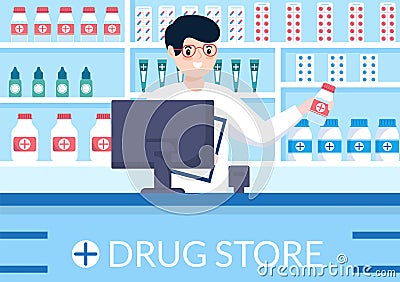 Drug Store Template Hand Drawn Cartoon Flat Illustration Shop for the Sale of Drugs, a Pharmacist, Medicine, Capsules and Bottle Vector Illustration