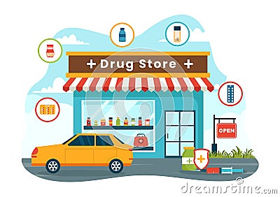 Drug Store Vector Illustration with Shop for the Sale of Drugs, a Pharmacist, Medicine, Capsules and Bottle in Healthcare Vector Illustration