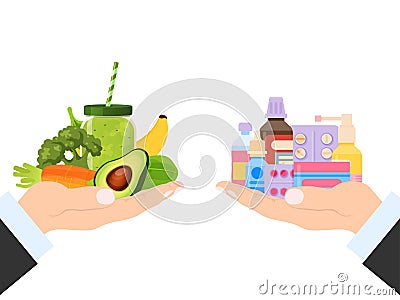 Drug tablet and healthy vegetable nutrition choice, vector illustration. Vitamin in cure pill and natural fresh green Cartoon Illustration