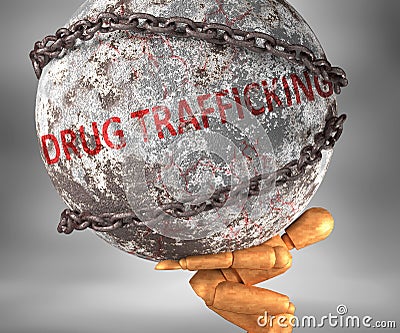Drug trafficking and hardship in life - pictured by word Drug trafficking as a heavy weight on shoulders to symbolize Drug Cartoon Illustration