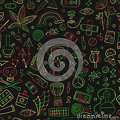 Drugs addiction. Say no to drugs. Rasta collection with skull, marijuana, drum, pills, music symbols. Seamless pattern Vector Illustration