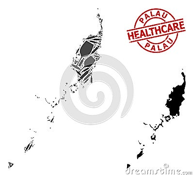Drugs Collage Map of Palau Islands and Watermark Healthcare Badge Vector Illustration