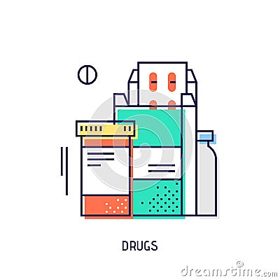 Drugs and pills. Diabetes vector thin line icon. Vector Illustration