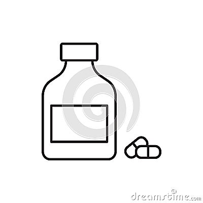 Drugstore. Medicine bottle and pills. Medicament. Black and white icon Stock Photo