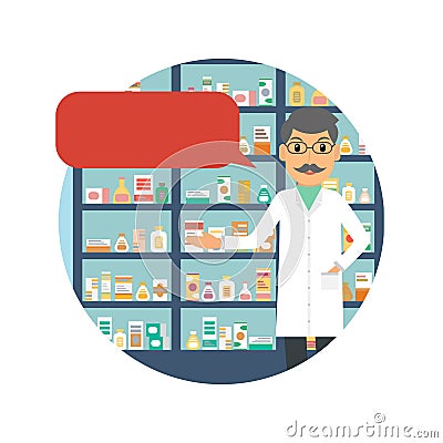 Drugstore pharmacist with speech bubble. Vector Illustration