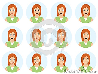 Cartoon beautifull young women portraits with different expressions. Sexy young girl avatar set isolated on white background. Cute Vector Illustration