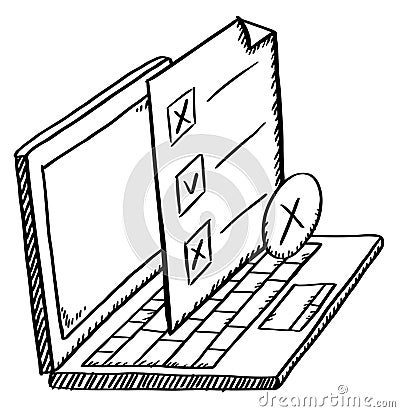 Sketch style laptop and survey with one correct and two incorrect marked answers. Black and white illustration. Vector Illustration