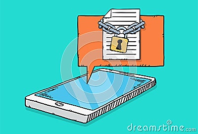 Cartoon style vector illustration of document file locked with chains and padlock on mobile screen Vector Illustration