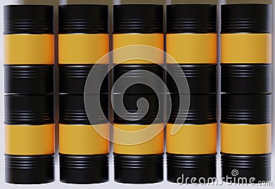 Drum Container oil industry. Gold and black barrels with oil drop label Cartoon Illustration
