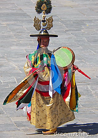 Drum Dancer in His Costume at Wangdue Tshechu Editorial Stock Photo