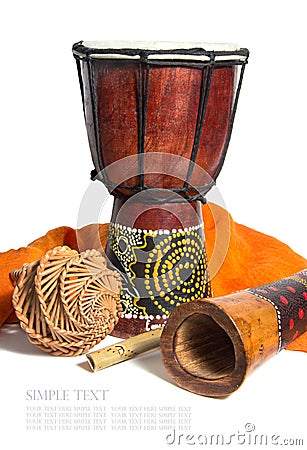 Drum, didgeridoo and ethnic musical instruments isolated on a white background Stock Photo