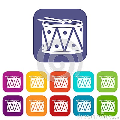 Drum and drumsticks icons set flat Vector Illustration