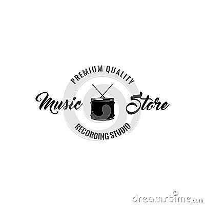 Drum icon. Music stire logo label. Premium quality inscription. Musical instrument. Vector. Vector Illustration