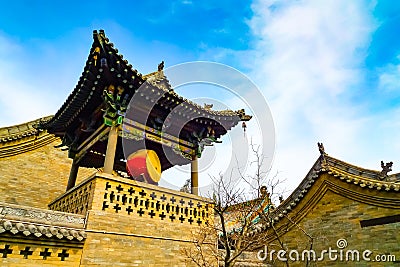 Drum inside a pagoda roofed tower in Pingyao Stock Photo