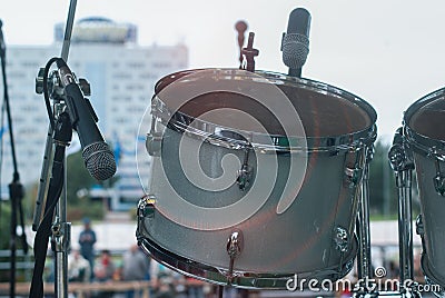 Drum kit close-up, microphones to amplify the drums Stock Photo