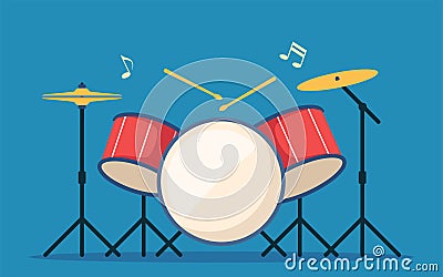 Drum kit. Percussion musical instrument. Red drums, stick and cymbal. Flat style vector illustration Vector Illustration