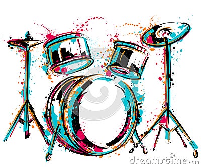 Drum kit with splashes in watercolor style. Vector Illustration