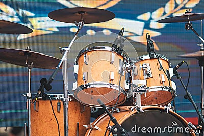 Drum kit on stage lights performance. Live music. Festival and s Stock Photo