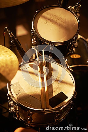 Drum, microphone and music in closeup for studio, record and rehearsal for stage, performance and studio with passion Stock Photo