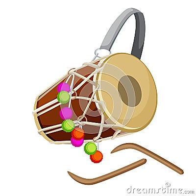 Drum percussion instrument double-headed dhol and wooden sticks vector Vector Illustration