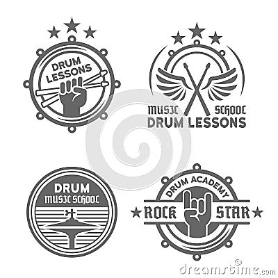 Drum school or drum lessons vector vintage emblems Vector Illustration