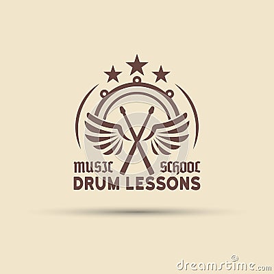 Drum school vector emblem with wings, drumsticks Vector Illustration