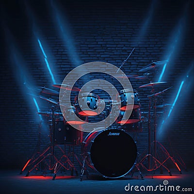 Drum Set On Club Podium Stage, Ready For Music Rock Concert, Music Performance, Neon Colors Spot Lights, Generative AI Stock Photo