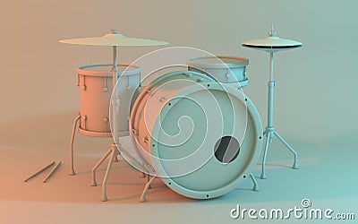 Drum set including snare, tom, bass drum, floor tom, hi hat, cymbals and drumsticks. Stock Photo