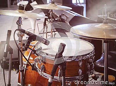 Drum set with Microphone Band live concert Entertainment event Stock Photo