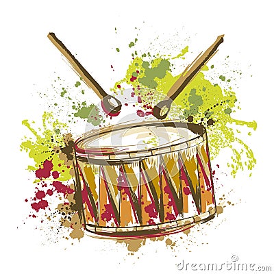 Drum with splashes in watercolor style. Vector Illustration