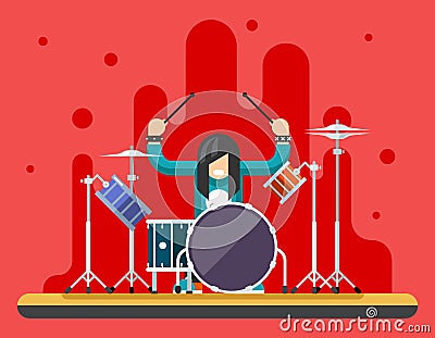 Drummer Drum Icons Set Hard Rock Heavy Folk Music Background Concept Flat Design Vector Illustration Vector Illustration