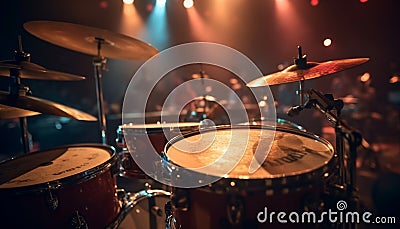 Drummer drum kit illuminated by stage lights generated by AI Stock Photo