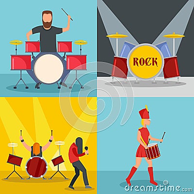 Drummer drum rock musician icons set, flat style Vector Illustration