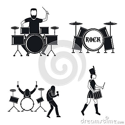 Drummer drum rock musician icons set, simple style Vector Illustration