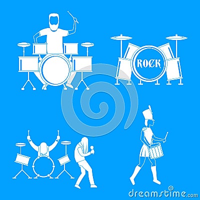 Drummer drum rock musician icons set, simple style Vector Illustration