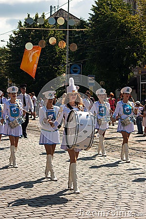 Drummer girls march on city day Editorial Stock Photo