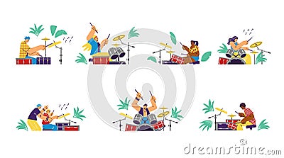 Drummers male and female cartoon characters flat vector illustration isolated. Cartoon Illustration